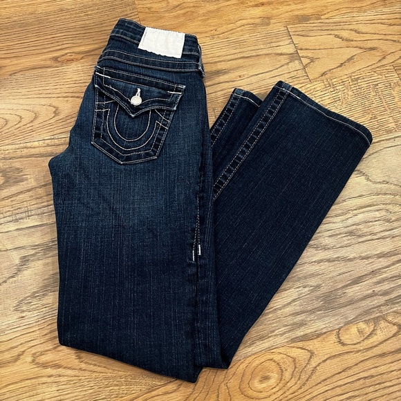 EUC [True Religion] Low-Rise <Becky> Boot Cut Blue Jeans + Rhinestones | 25 0 XS - Picture 3 of 16